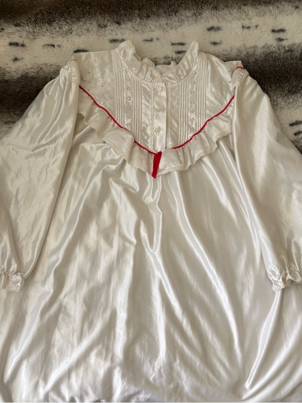 White vintage Ruffled satin slip Nightgown with Red ribbon and lace Trim